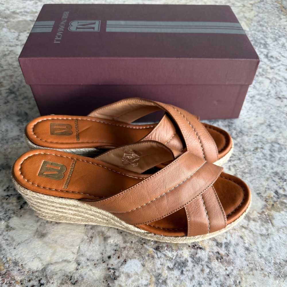Bruno Magli Tan Leather Espadrille Wedge Mules